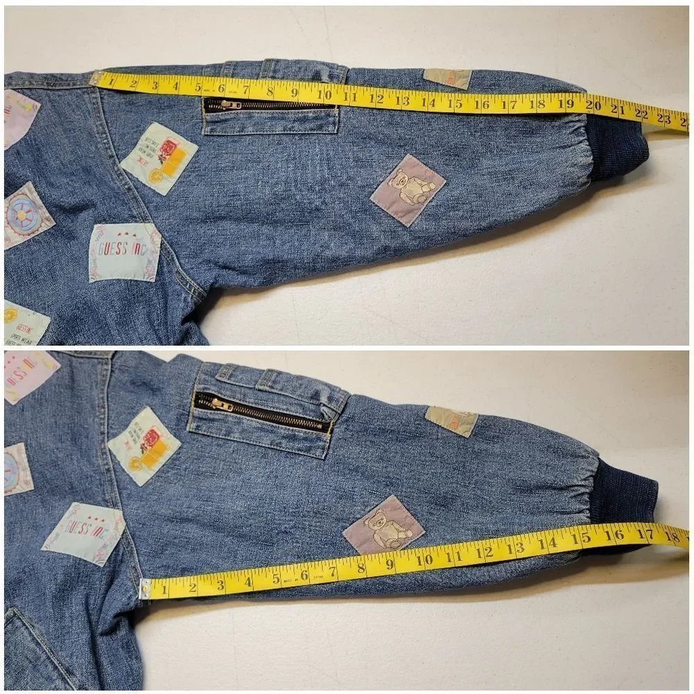 Guess Georges Marciano Vintage 80s Denim Bomber Jacket with Logo Patches RARE